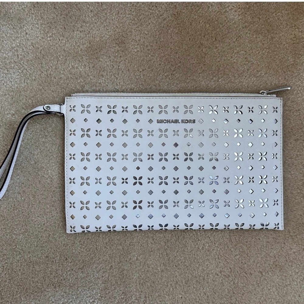 Michael Kors Silver and White Clutch